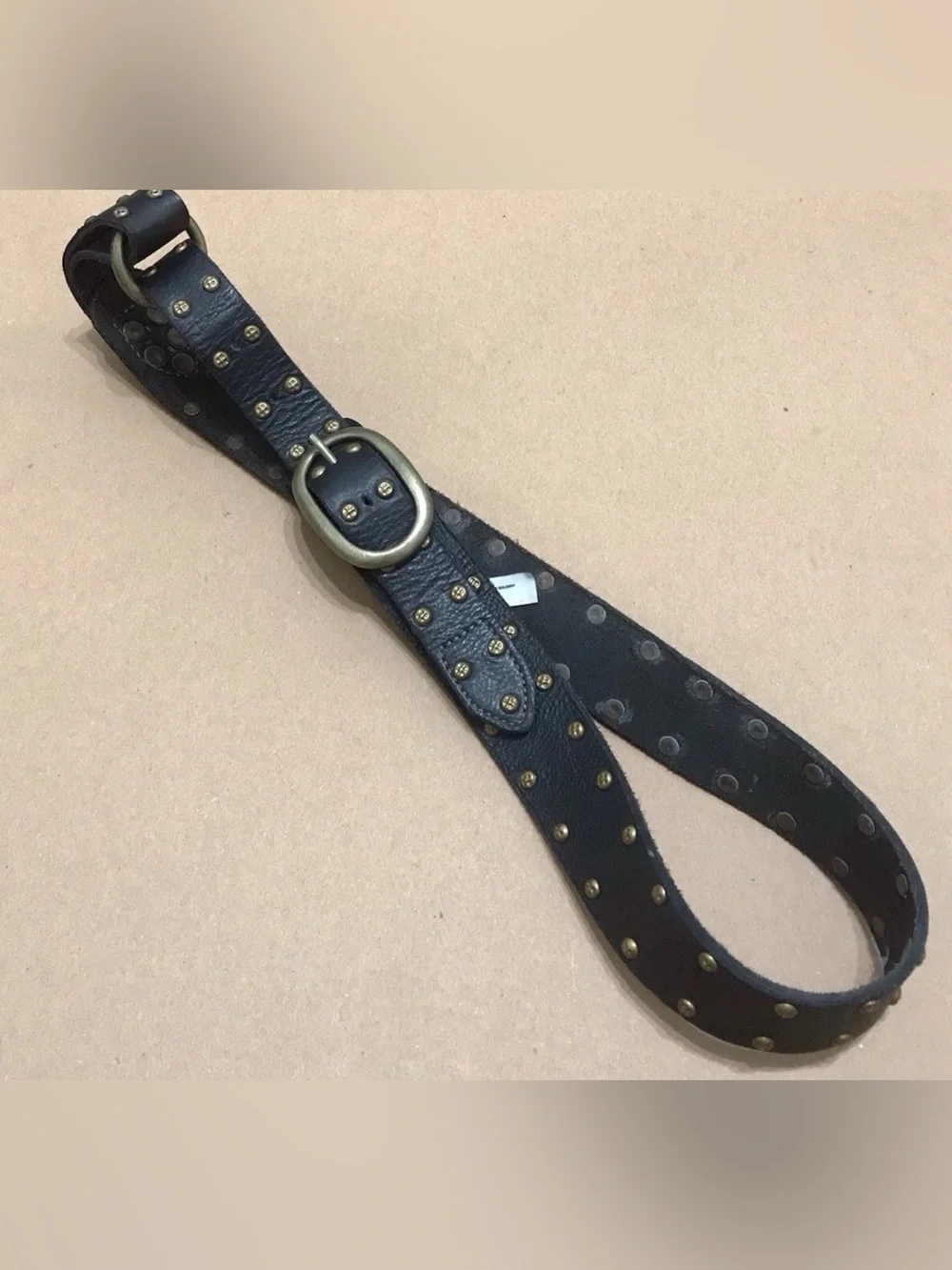 Free People Black Leather Belt Brass Buckle Studded Boho Western One size